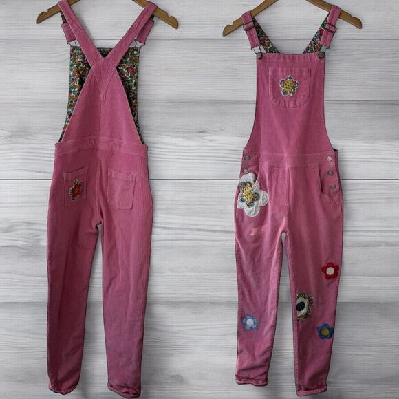 Boden Pink Corduroy Overalls Embroidered Flower Patches Kid Teen Size Age 13-14Y